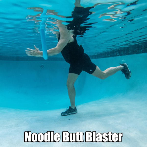 Poolfit App. Try a butt blaster exercise in the pool noodle by resting forearms on noodle and then performing alternating donkey kicks.
