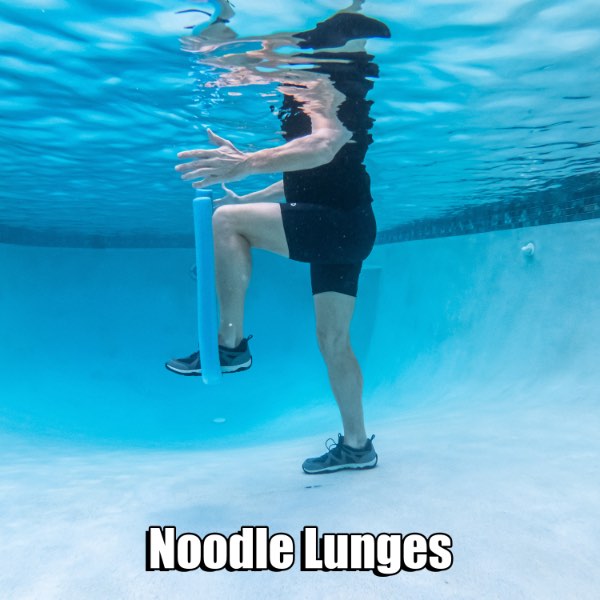 Poolfit App. Perform a lunge in the pool with a noodle by placing your foot on the noodle and then letting the foot come off the floor and extend back down.
