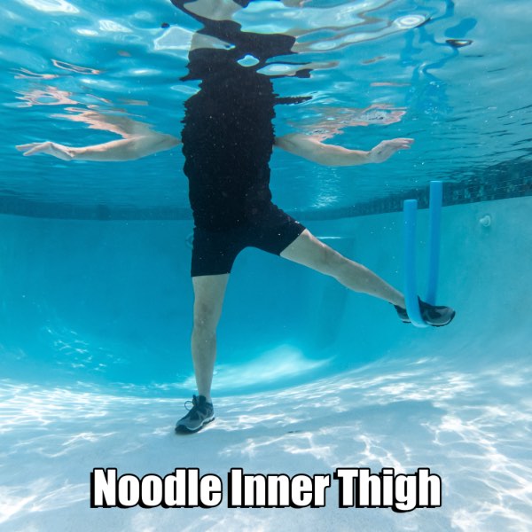 Poolfit app. Target the inner thigh with a noodle by performing straight leg side pull downs against the upward force of buoyancy.